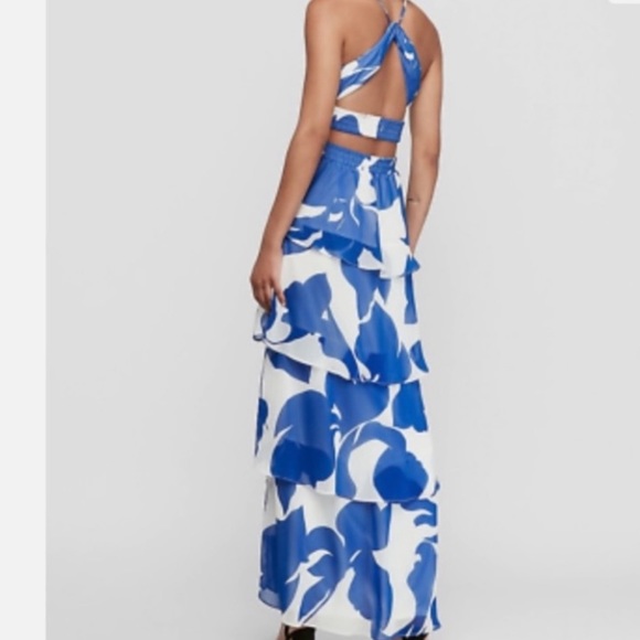 NWOT Express Blue & White Ruffle Maxi Dress - Picture 2 of 6